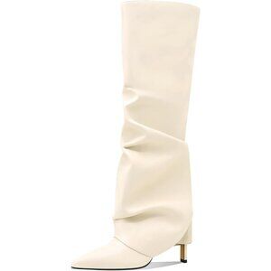 Women's White  Knee High Fold Over Wide Calf Pointed Toe Long Heel Boot